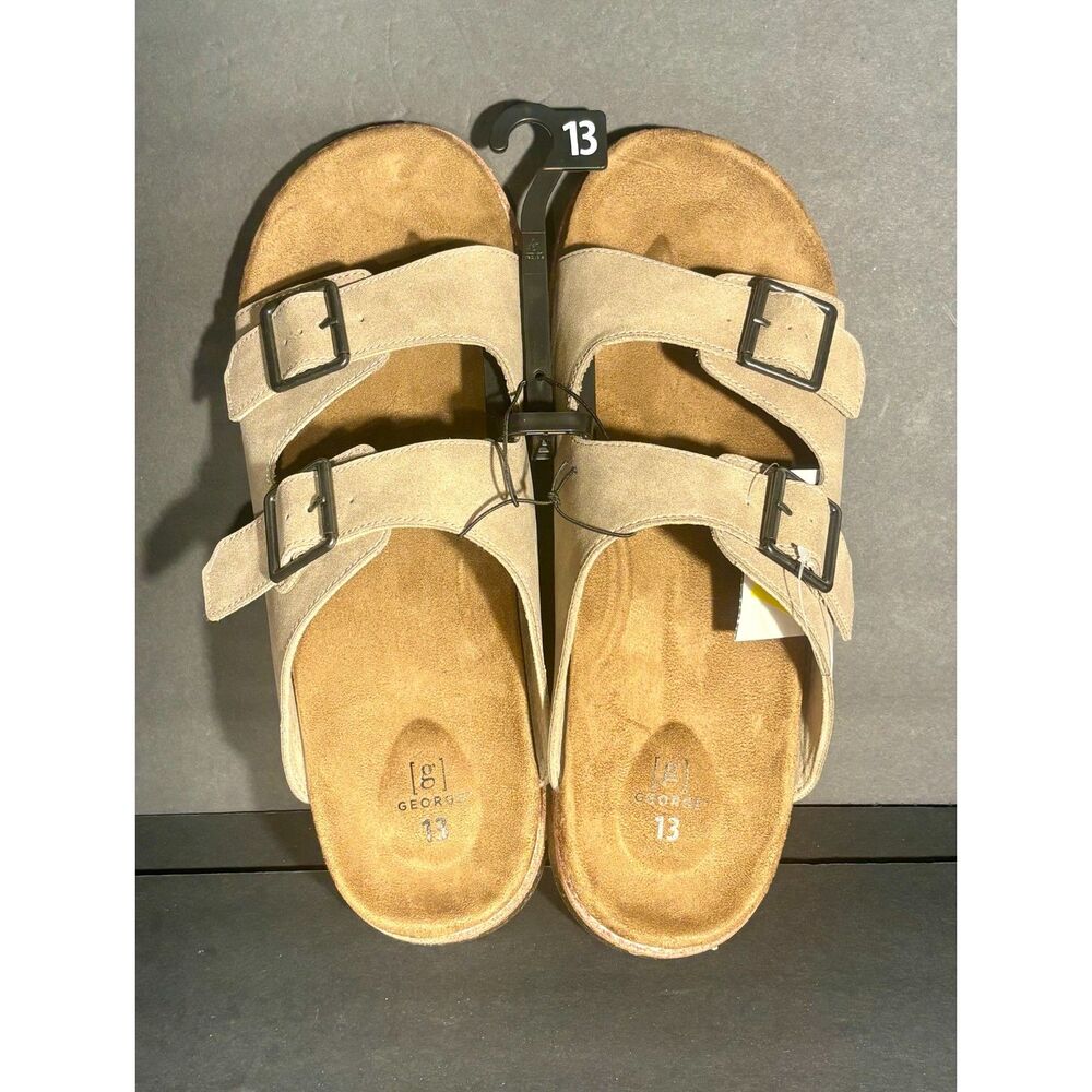 George Men's Sandals Size 13 M Brown Double Buckle Comfort Footbed Slides NWT